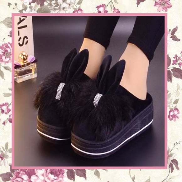 Unique Styles shoes Shoes - 🎀FUR RABBIT BUNNY EAR SLIPPERS BLACK BLING SLEEP